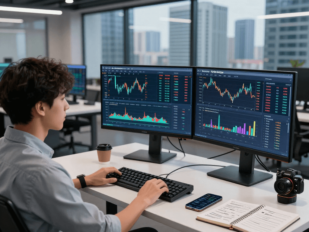 Professional analyzing KyberSwap market data in a modern tech workspace with dynamic cryptocurrency visuals.