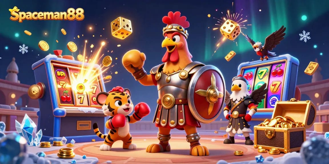 Engage with spaceman88 in an action-packed casino adventure featuring energetic characters and vibrant game elements.