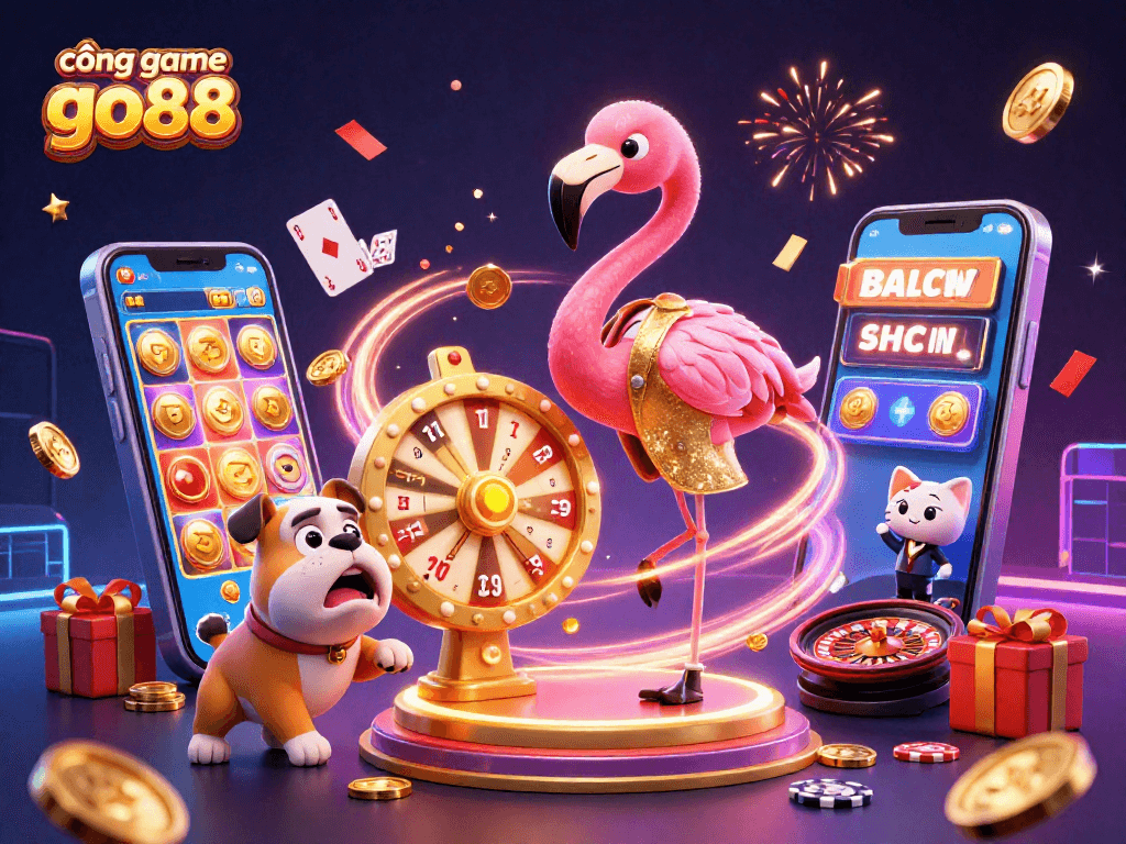 Spin to win at cổng game go88 with lively characters in a vibrant casino scene.
