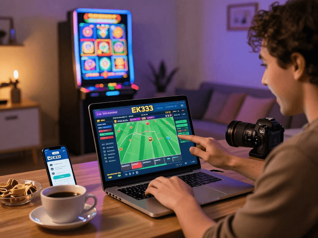 Excited EK333 user placing bets on laptop in a cozy environment with live notifications.