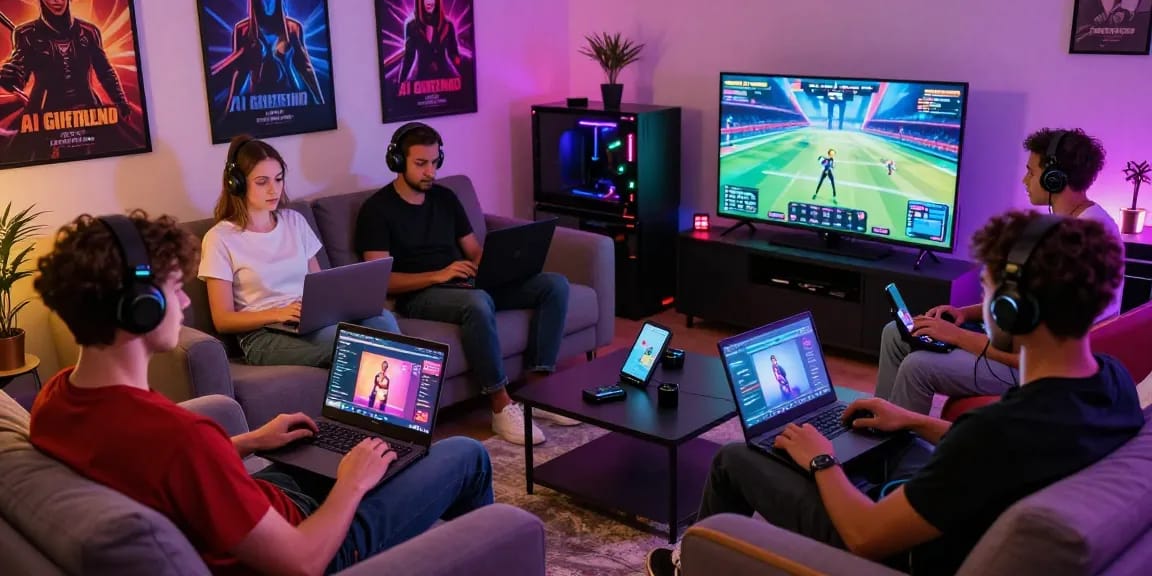 Engaging scene of gamers enjoying html porn games on laptops and tablets in a colorful gaming room.