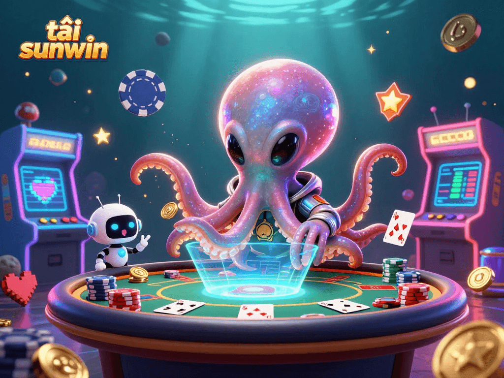 Engage in tải sunwin poker gameplay with an alien octopus and its vibrant companions.