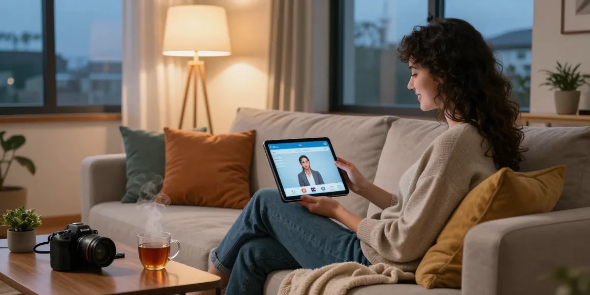 Engaging ai sex chat experience in a cozy living room, highlighting modern technology and comfort.