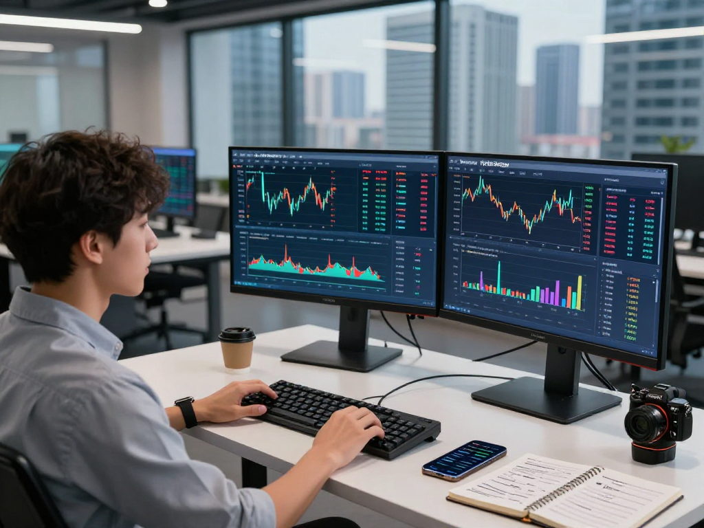 Professional analyzing KyberSwap market data in a modern tech workspace with dynamic cryptocurrency visuals.