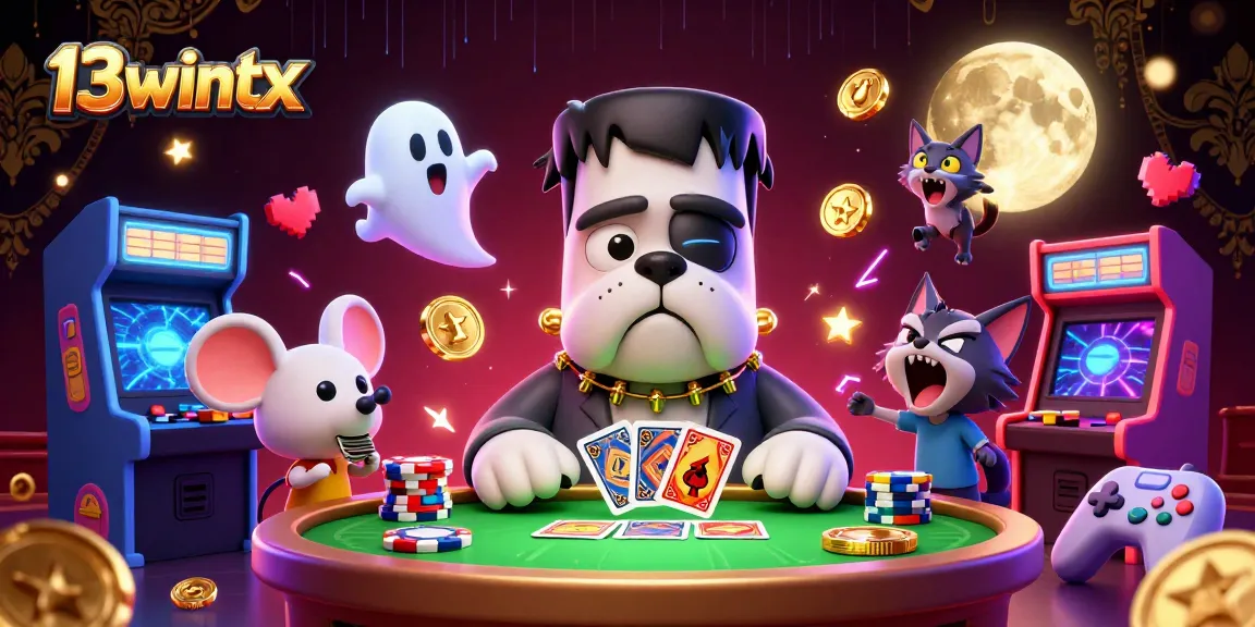 Engage in thrilling action with 13wintx as the Frankenstein bulldog deals cards amidst vibrant casino elements.