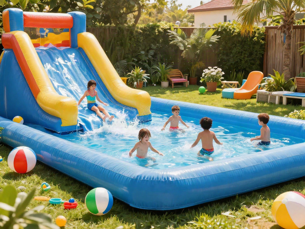 Children enjoying a slide in the water at a sunny garden party, surrounded by inflatable toys.