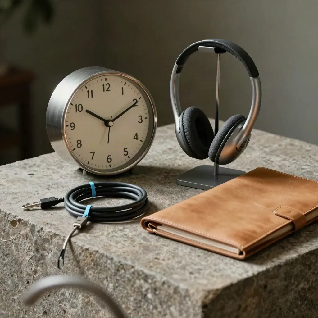 Meeting kit still life with clock, headset stand, cable and leather folio on stone.
