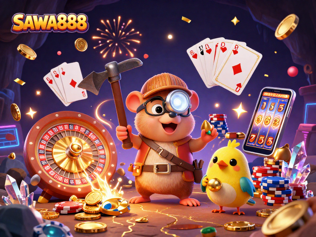 Engage with SAWA888's thrilling slots experience featuring unique characters and vivid casino elements.