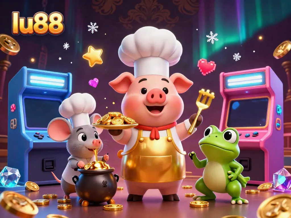 Experience exciting casino gaming at lu88 with vibrant characters and golden prizes in a dynamic scene.