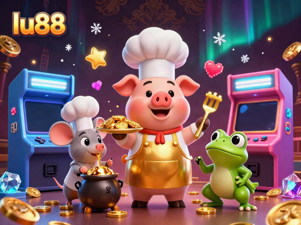 Experience exciting casino gaming at lu88 with vibrant characters and golden prizes in a dynamic scene.