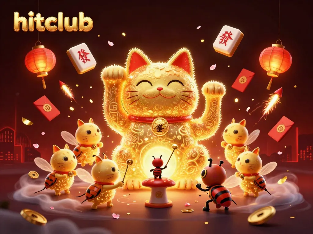 Hitclub's vibrant illustration with a lucky cat and golden fireflies lighting the casino scene.