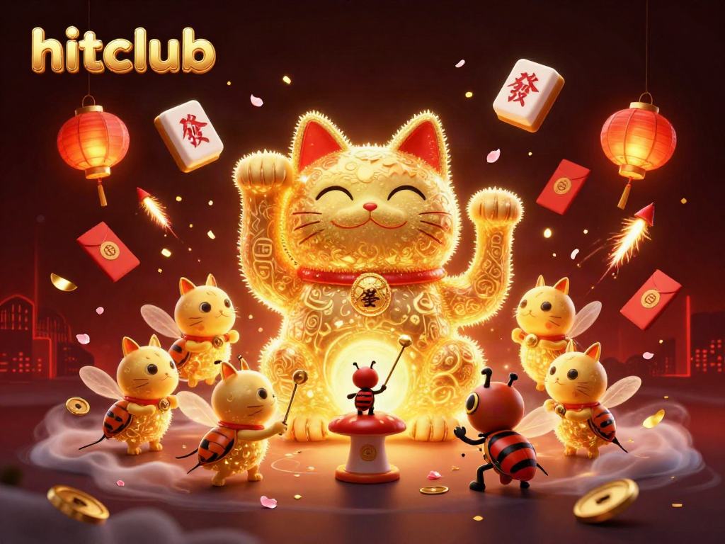 Hitclub's vibrant illustration with a lucky cat and golden fireflies lighting the casino scene.