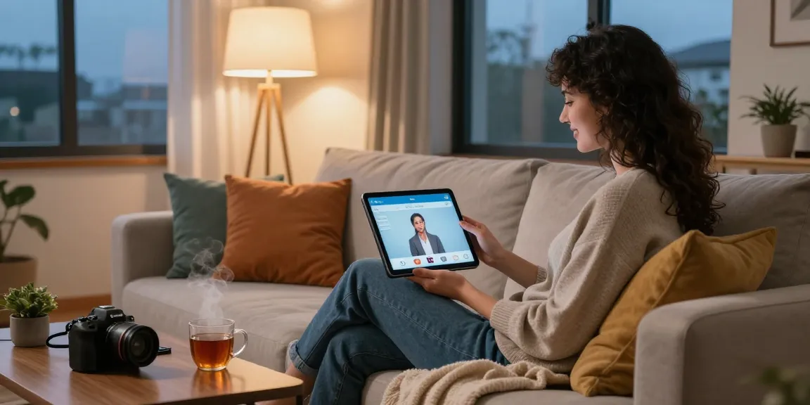 Engaging ai sex chat experience in a cozy living room, highlighting modern technology and comfort.