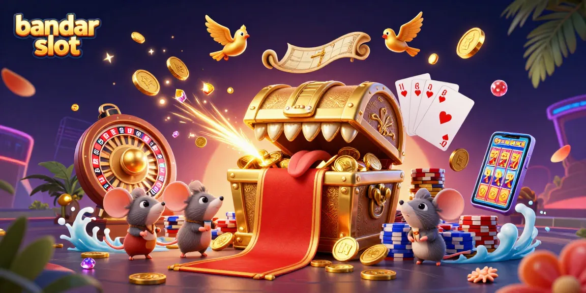 Experience thrilling gameplay with bandar slot, featuring a treasure chest and cascading coins in a vibrant casino scene.