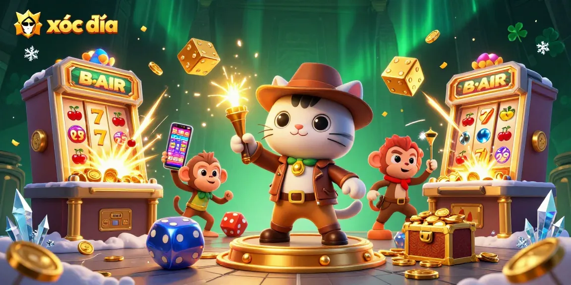 Xóc đĩa action scene with a cat explorer and monkey companion amidst a golden jackpot and rolling dice.