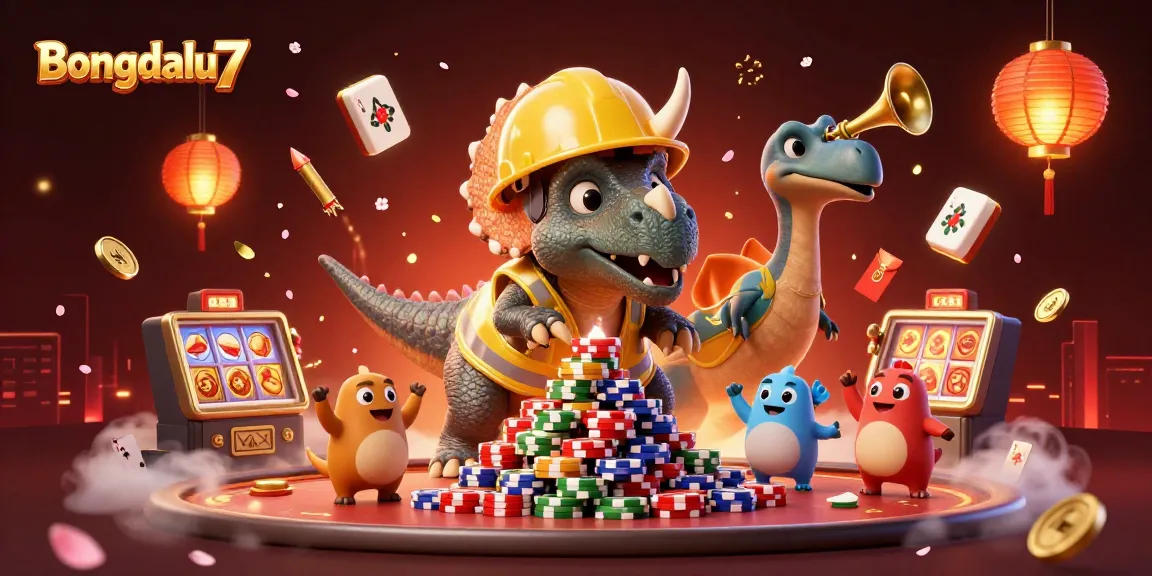 Bongdalu7 celebrates with a vibrant cartoon triceratops and lively poker scene filled with dynamic elements.