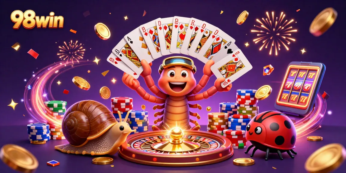 Engage with 98win's online games featuring a lively dealer with cards, chips, and festive elements.