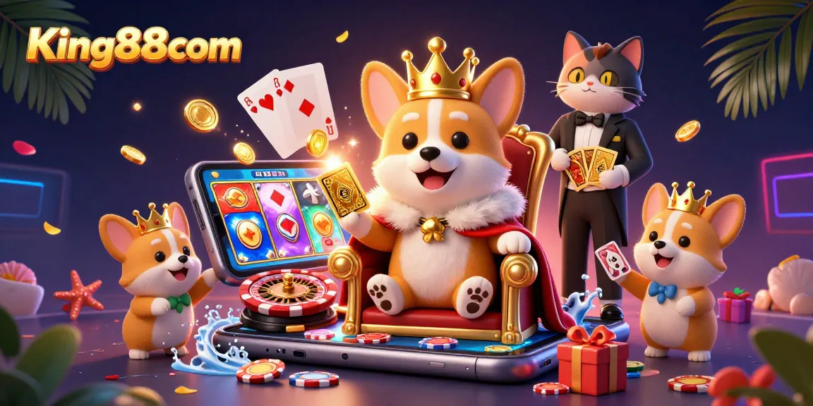 Experience the excitement of King88com as a royal corgi presides over a dynamic casino illustration.