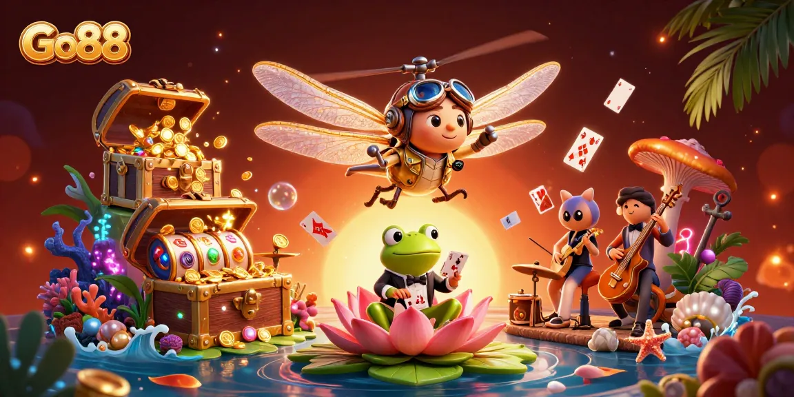 Experience the excitement of Go88 with vibrant casino visuals featuring a dragonfly pilot and thrilling gaming elements.