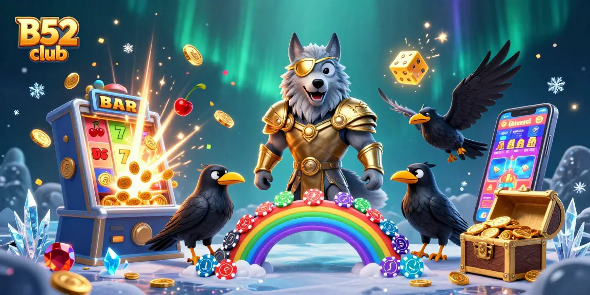 B52 club's gaming excitement illustrated with Odin wolf and ravens among vibrant casino elements.