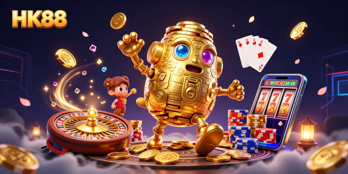 Spin the reels at HK88 casino, featuring a dynamic golden golem surrounded by cascading coins and vibrant gaming elements.