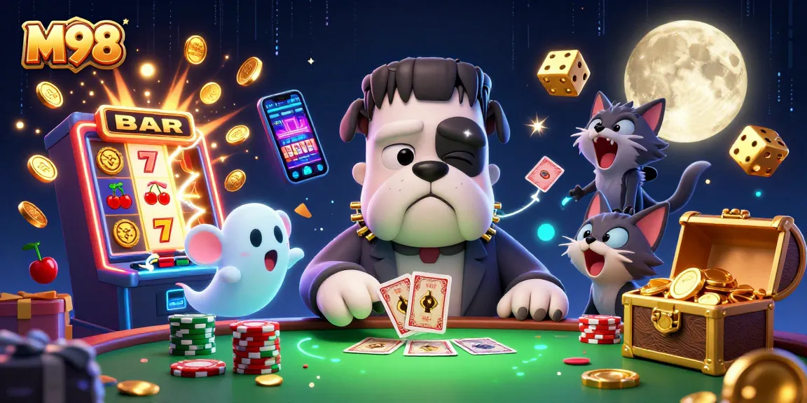 M98 casino scene with playful characters and vibrant slot game elements showing exciting gameplay.