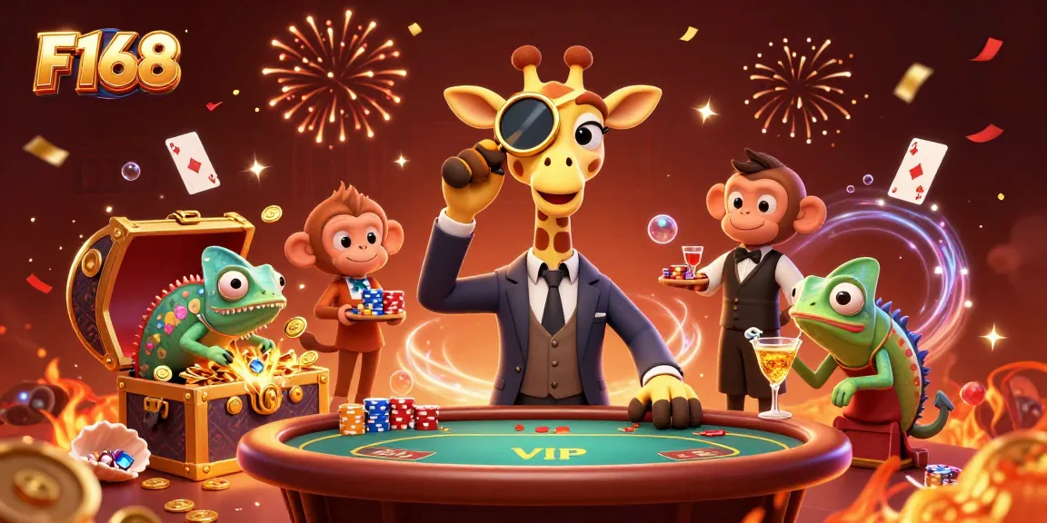 F168 players enjoy vibrant casino action with giraffe and monkey in a packed, dynamic gaming atmosphere.